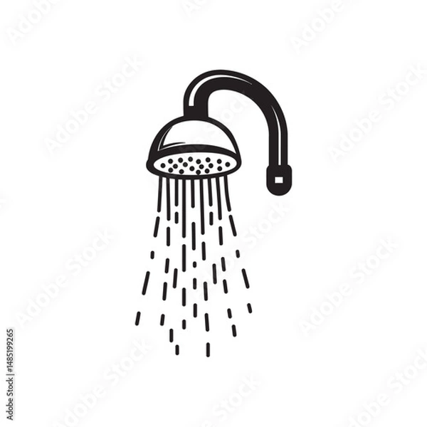 Fototapeta Isolated black shower head releases streams of water in a simple, minimalist style on white