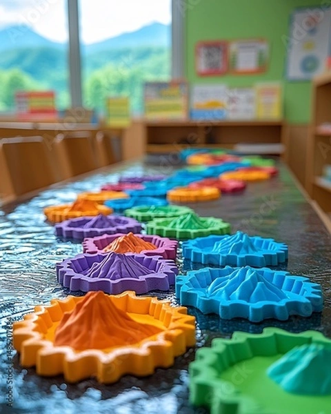 Fototapeta Interactive classroom model foam plates simulating tectonic movement educational photography tabletop setup 50mm lens