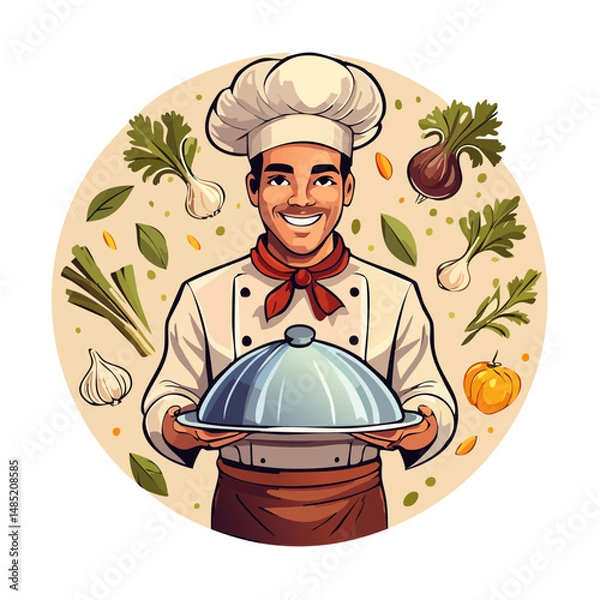 Fototapeta Floating Food Ingredients with Chef Holding Dish — Modern Culinary Concept in Minimal Studio