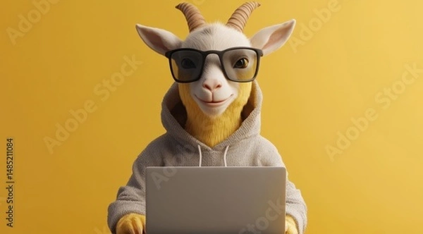 Obraz 3D render of a happy goat wearing a hoodie and sunglasses, working on a laptop against a solid background, -