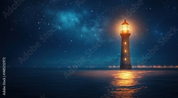 Obraz A glowing lighthouse shines in the night sky, illuminating an endless ocean of stars. 