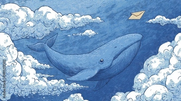 Fototapeta A whimsical illustration of a whale soaring through a cloudy sky with a letter.