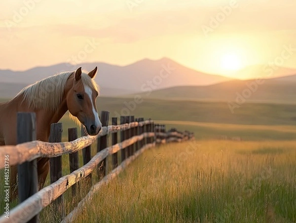 Fototapeta Idyllic Rural Sunset with Horse and Wooden Fence in Pasture. Used for calendar, poster, banner, web, Chinese Calendar 2026 Symbol