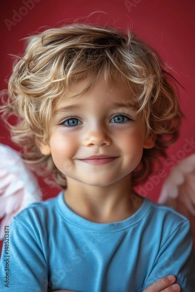 Fototapeta Portrait of a smiling boy with angel wings in a bright studio setting during the afternoon light