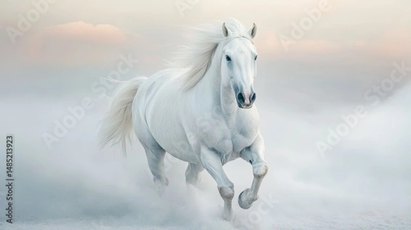 Fototapeta White  horse with long mane run free gallop isolated on blurred background with  copy space. Used for calendar, poster, banner, web, Chinese Calendar 2026 Symbol