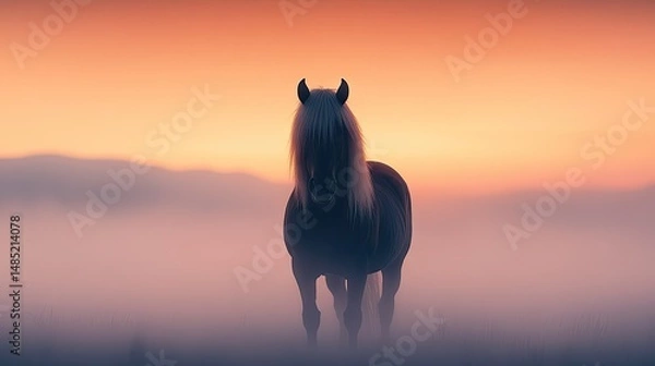 Fototapeta Mystical Horse Silhouette in Golden Sunrise Fog background with copy space. Used for calendar, poster, banner, web, Chinese Calendar 2026 Symbol