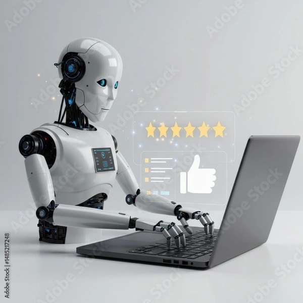Fototapeta Robot using laptop isolated on white background, for customer service.