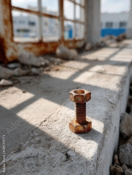 Obraz Close-up of a rusty metal bolt standing upright on a concrete surface at a construction site