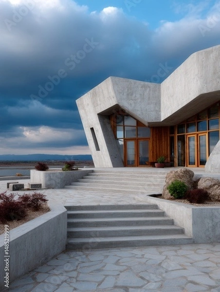 Obraz Modern concrete house with geometric architecture overlooking water under dramatic cloudy sky