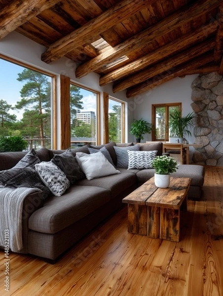 Obraz Cozy rustic living room with large windows, wooden beams, stone accent wall, and modern furnishings, daytime