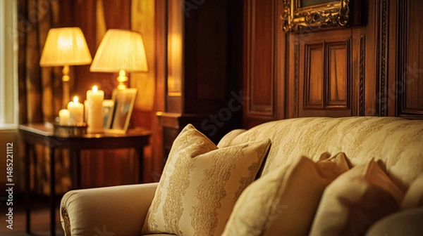 Fototapeta Refined English interiors with soft neutral tones, botanical art, fresh florals, classic panelled walls, and elegant furnishings for a feminine yet timeless home atmosphere