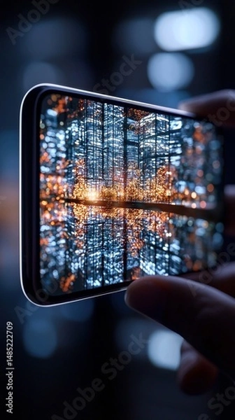 Fototapeta Hand Holding Smartphone Displaying Glowing Data Stream at Night