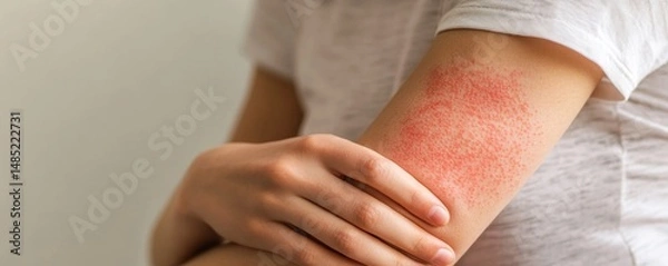 Obraz Close up of arm with red rash and hand touching it against a plain background in natural light