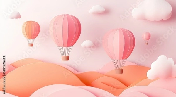 Obraz Paper art style of hot air balloons floating in the sky, with a pink and orange color theme,