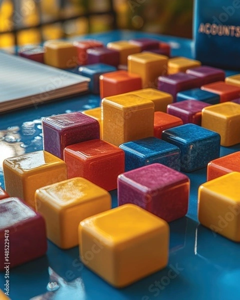 Fototapeta Abstract Arrangement of Colorful Glossy Blocks Representing Financial Data and Business Concepts red