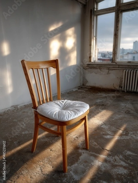 Obraz Wooden chair with white cushion in an unfinished room with sunlight streaming through large windows