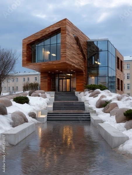 Obraz Modern architectural house with wood and glass exterior surrounded by snow and rocks in winter evening