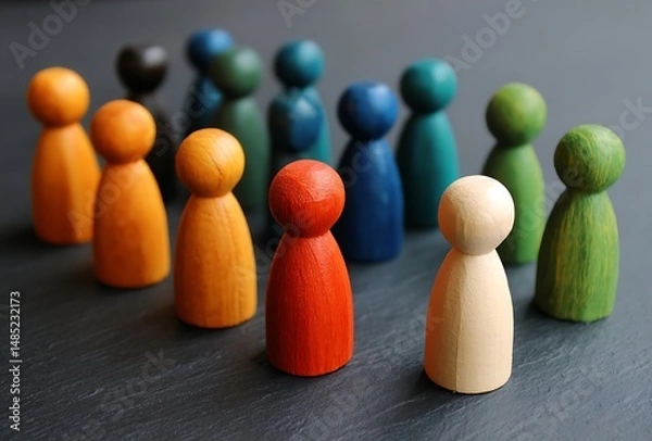 Fototapeta Colorful Wooden Peg People Representing Diversity and Teamwork on a Dark Surface