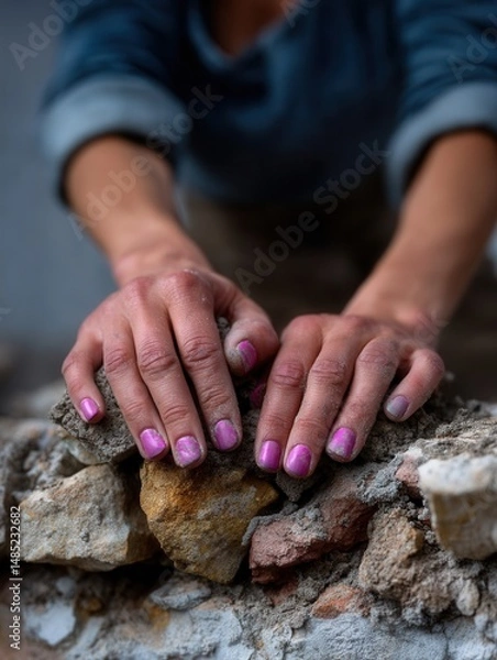 Obraz Close-up of hands with pink nail polish gripping rocks and debris, demonstrating construction work or excavation efforts