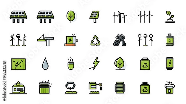 Fototapeta A collection of green energy and environmental icons arranged on a black background in a grid pattern
