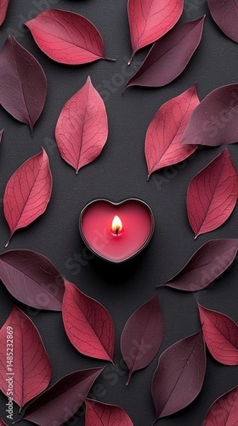 Obraz Heart-Shaped Red Candle with Red Leaves on Dark Glittery Background