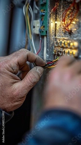 Fototapeta Close-up image shows two hands working on electrical panel with screwdriver, organized wires, and dirty hands. Focused effort.