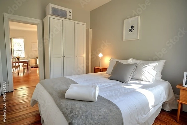 Fototapeta Sunny Bedroom with White Bedding, Wardrobe, Hardwood Floor, Interior Home Decor