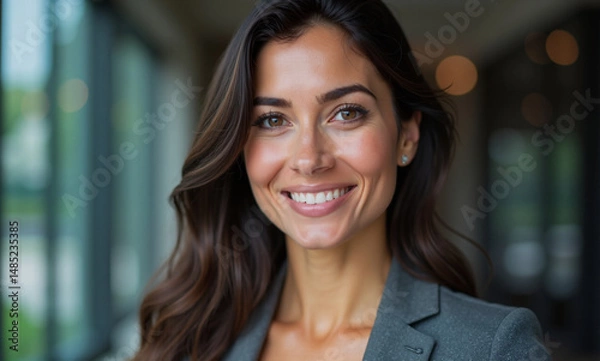 Fototapeta Portrait of a confident middle-aged businesswoman in a modern office setting, smiling warmly at the camera
