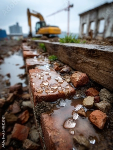 Obraz Close-up of wet bricks and water droplets on construction site with excavator and crane in background