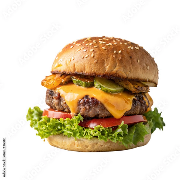 Fototapeta Gourmet Cheeseburger with Grilled Pineapple & Fresh Toppings isolated PNG or Transparency Background