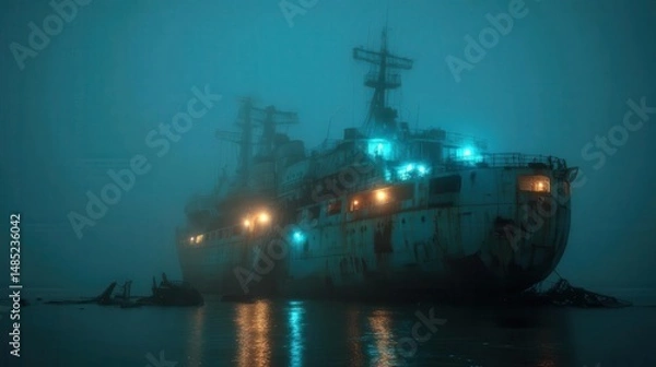 Fototapeta Abandoned ship in foggy waters with eerie blue lights and mysterious atmosphere at dusk