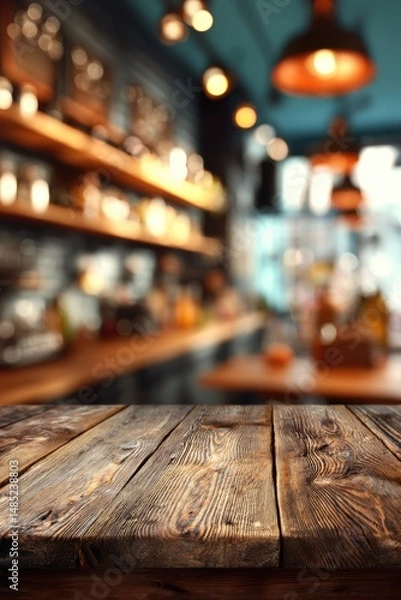 Fototapeta Rustic Wood Tabletop in Cozy Cafe Setting Blurred Background Product Display Mockup Interior Design Warm Lighting