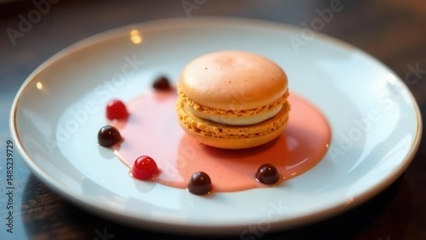 Fototapeta A delicate peach macaron rests on a pastel plate, adorned with a vibrant pink sauce and assorted berry and chocolate accents.