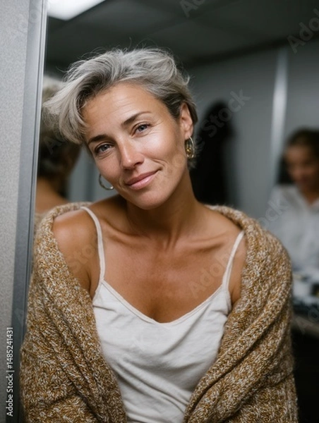 Obraz Elegant mature woman with short gray hair smiling indoors, casual outfit and cozy cardigan, warm moment in modern environment