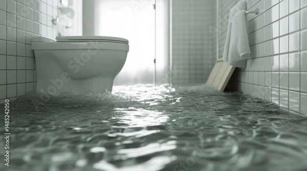 Fototapeta Flooded bathroom with toilet submerged in water, showing damage and water on floor.