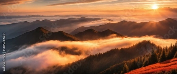 Obraz Foggy Mountain Peaks at Dawn in Fall