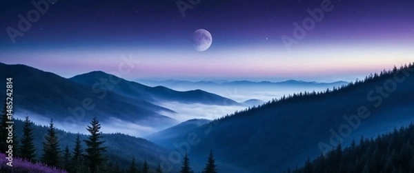 Obraz Night Over Misty Blue Mountain Ridges