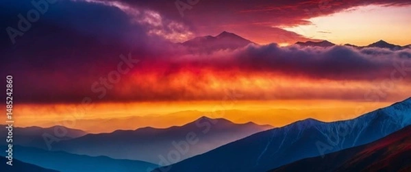 Obraz Fiery Sunset Over Misty Mountain Peaks