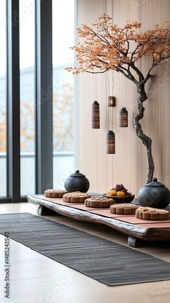 Obraz Korean Chuseok Table Setting with Rice Cakes and Fruit
