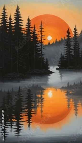 Obraz Mirror Image: Sunset and Silhouetted Pines