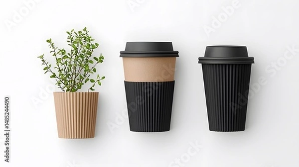 Obraz Kraft Paper Coffee Cups Mockup with Lid and Sleeve