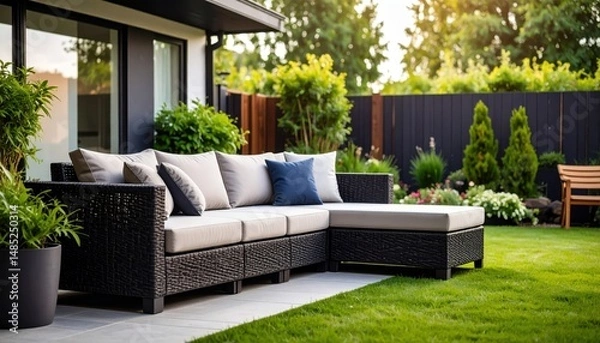Obraz Modern outdoor wicker couch with cushions