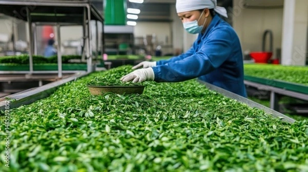 Obraz Green Tea Processing in Factory with Worker Sorting Fresh Leaves