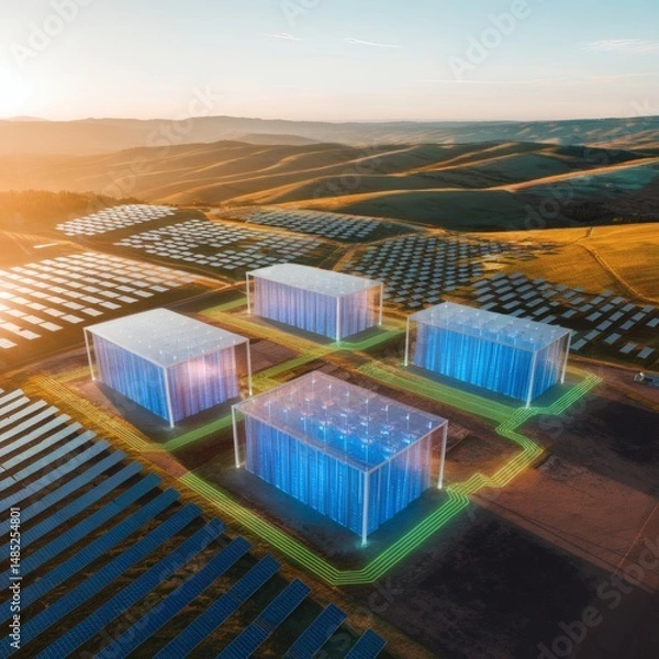 Obraz Battery Storage Grids: “An aerial panorama of rolling hills dotted with solar farms and massive BESS containers, their enclosure walls translucent to reveal glowing battery racks. Power-flow lines