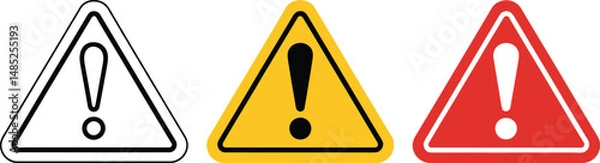 Fototapeta Three warning signs with exclamation marks in triangle shapes isolated on a white background