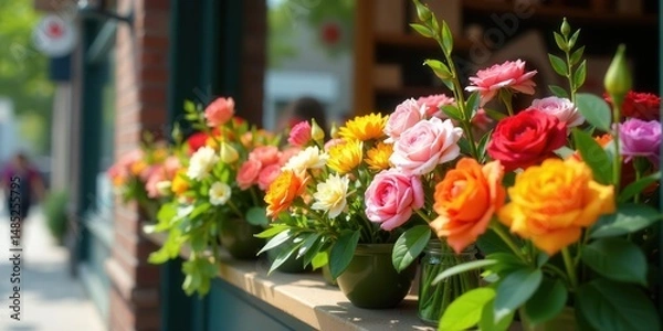 Fototapeta Vibrant floral arrangement showcasing a delightful mix of colorful roses and other blossoms, artfully displayed in charming containers on a windowsill, bathed in sunlight