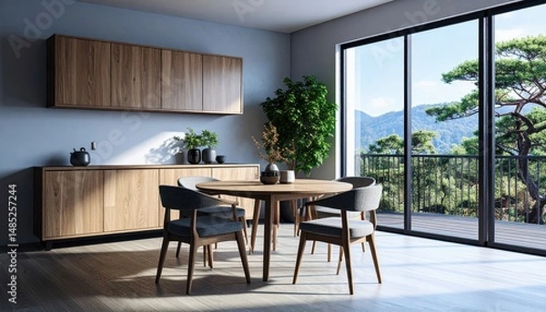 Obraz prefective view Compact Dining Area with Two Chairs and Round Table Japandi Style