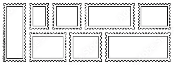 Fototapeta Postage stamp outline, vector icon. Empty stamps set. Postal shapes outline border. Blank frames for mail letter. Jagged wavy edge forms. Vintage objects for poster, banner, badge, sticker. 