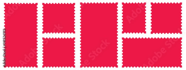 Fototapeta Post stamps. Empty red stamps set. Postal shapes border. Blank frames for mail letter. Jagged wavy edge forms. Vintage objects for poster, banner, badge, sticker. Flat design..