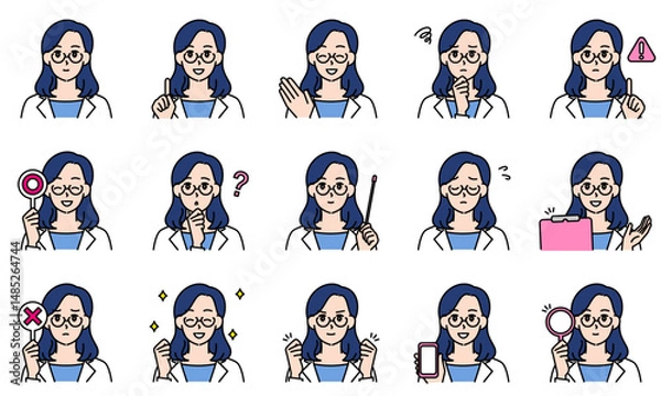 Obraz 表情とポーズで感情を表す白衣を着用した医師の女性のイラストセット